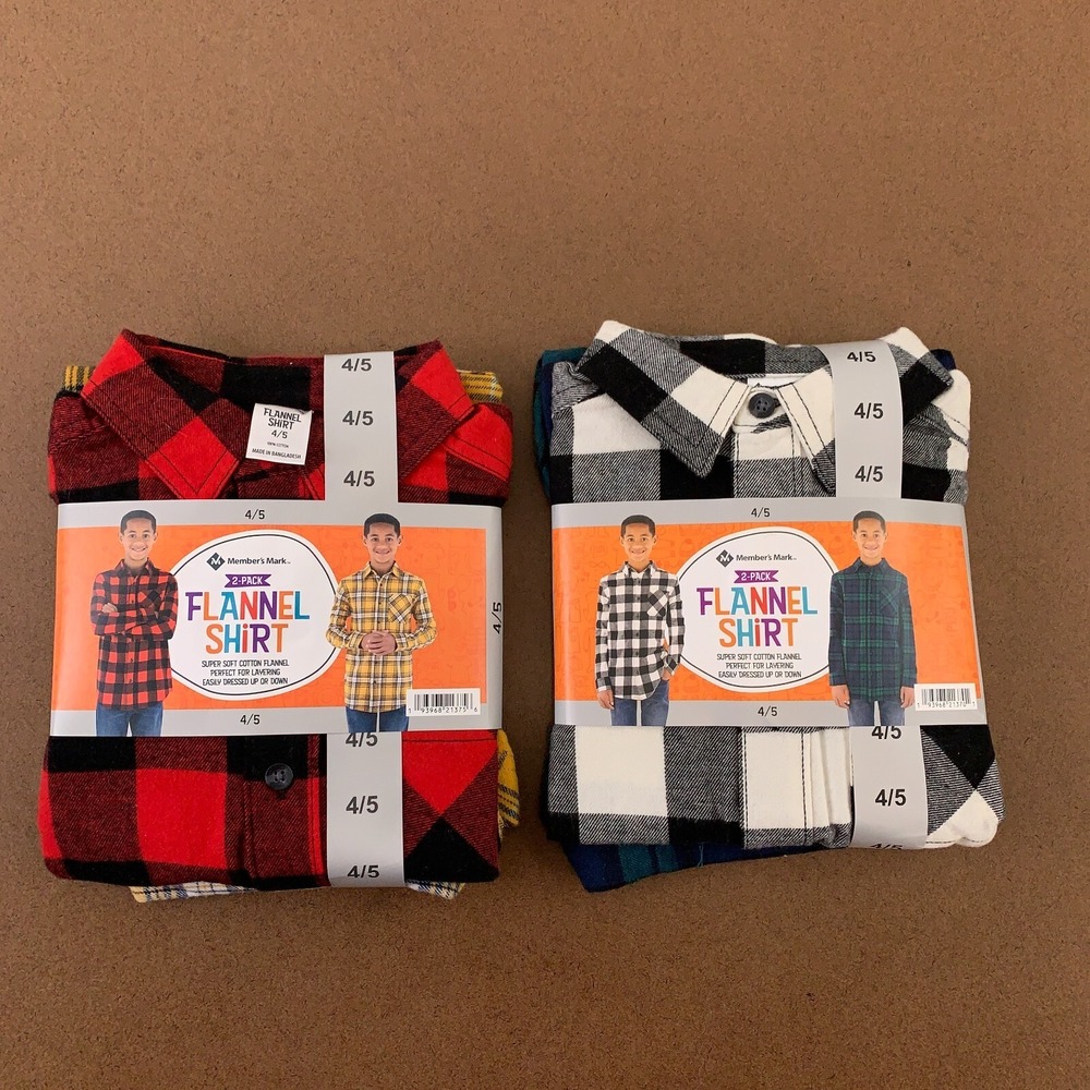 Members Mark Boys Size 4/5 Multi-Color Flannel Long Sleeve Shirts 4 Pieces NWT